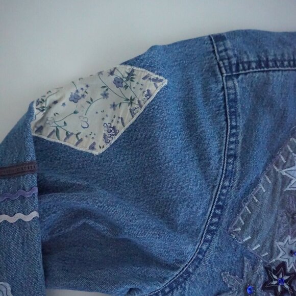 Vintage Keren Hart Blue Patchwork Button Up Lightweight Denim Jacket Xl - Picture 11 of 13